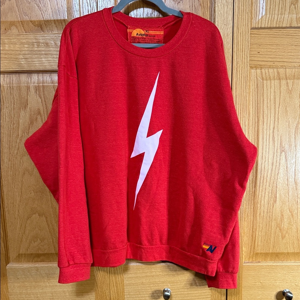 Aviator Nation Red Sweatshirt with White Lightning Bolt
